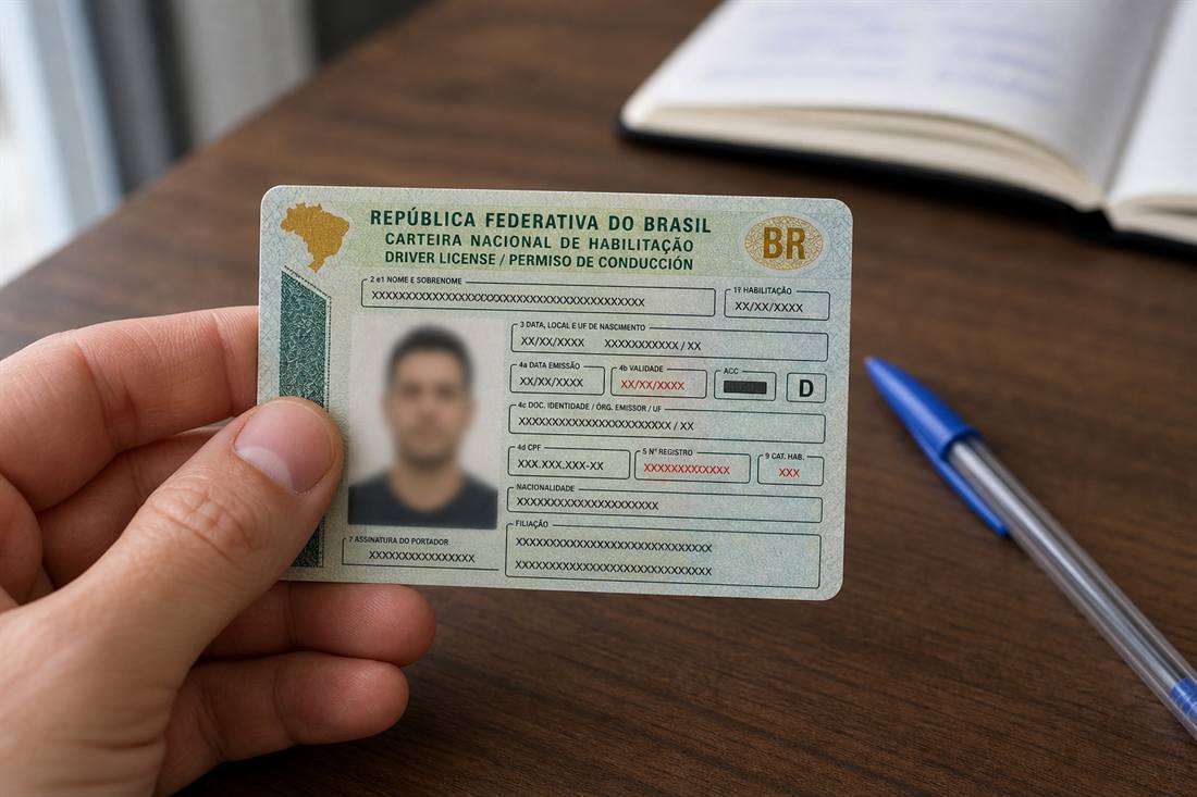 CNH brasileira segurada por mao masculina sobre mesa de madeira
